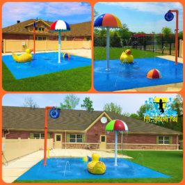 MY Splash Pad Primrose Daycare School Splashpad Water Wheel Beach Umbrella Duck Beach Ball Spray Bump Bollard Safety Surface
