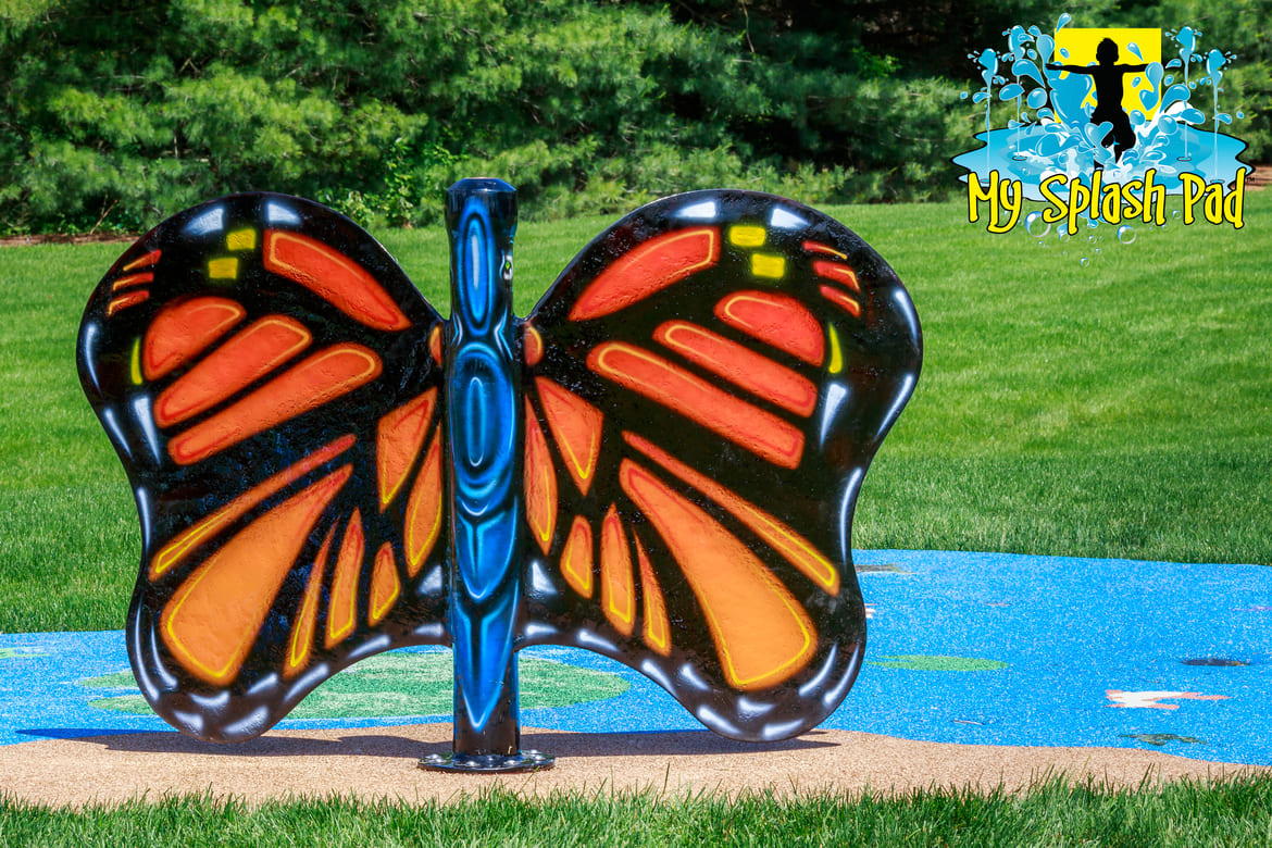 Butterfly water play features. Manufactured by My Splash Pad in the USA. American-made by an American-owned company. Featured banner image.